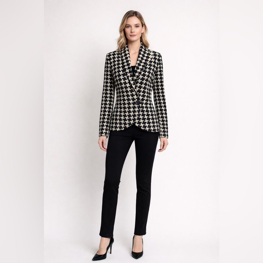 Carole Little Wool Jacket Black White Houndstooth Button Front Blazer Size S